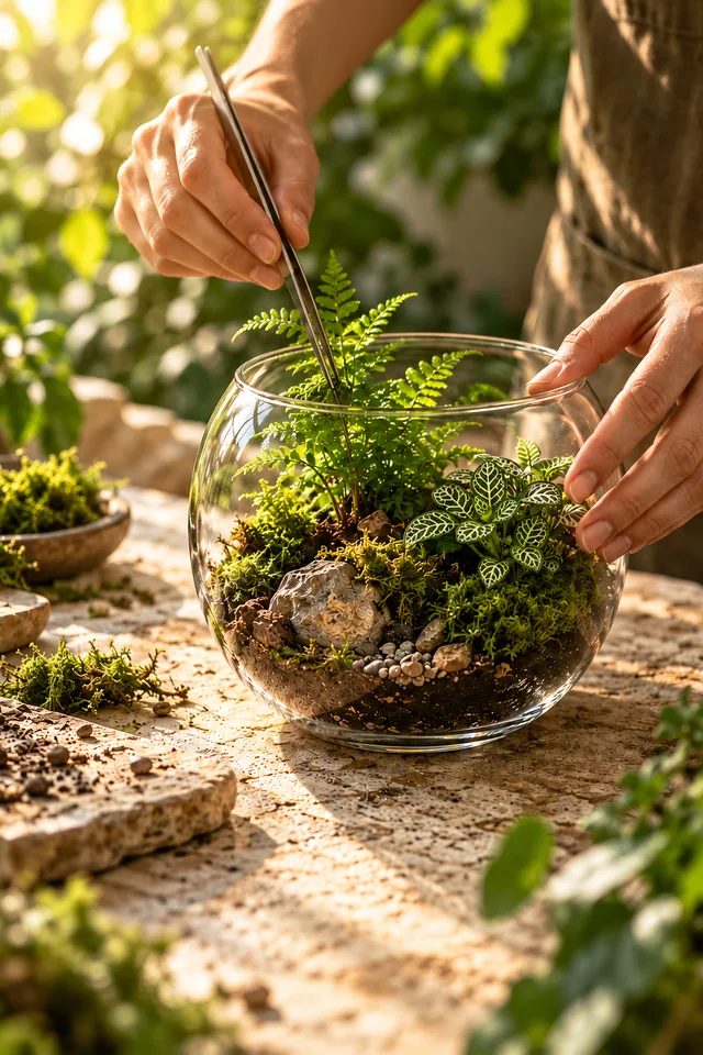 Mãos montando um terrário aberto de vidro com samambaia, fitônia, musgo e pedras, usando uma pinça