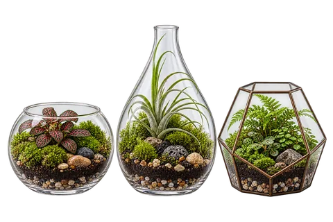Conjunto de três mini terrários de vidro: bola, gota e geométrico