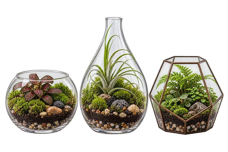 Conjunto de três mini terrários de vidro