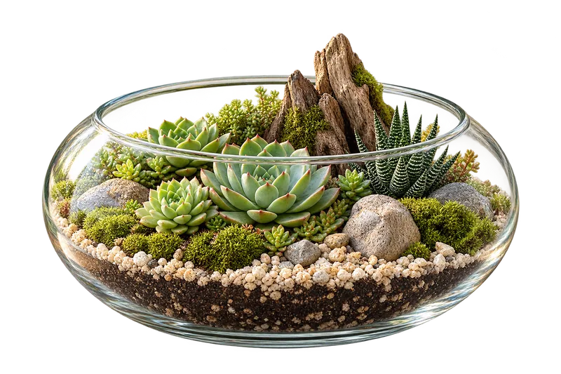 Terrário aberto em aquário baixo de vidro com suculentas e tronco