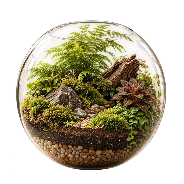 Terrário esférico de vidro com samambaia, musgo, tronco e fitônia