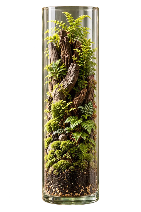Terrário vertical em cilindro de vidro com musgos, samambaias e tronco